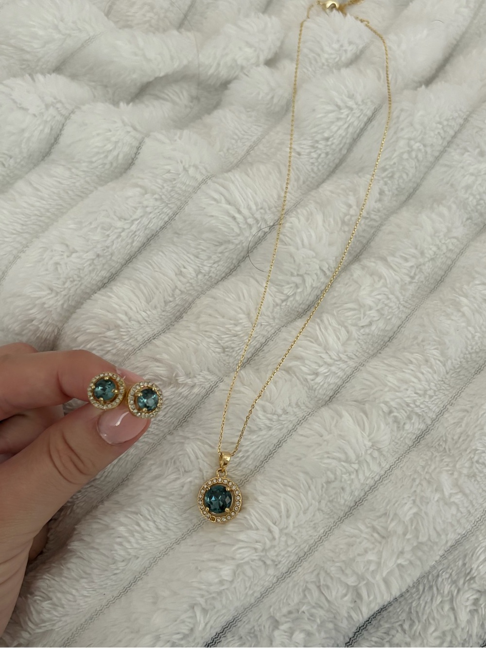 Gold Necklace and Earring Set with Teal Gemstones